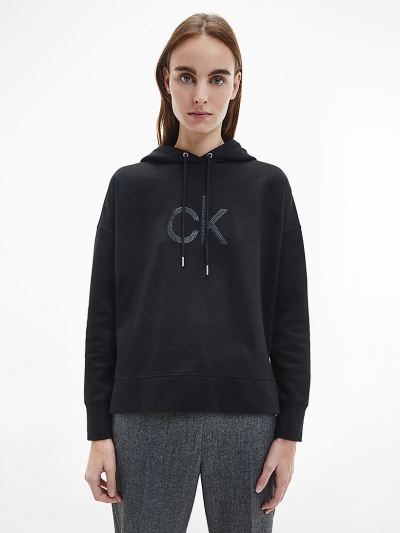 Calvin Klein Ruhák HU309092 | Calvin Klein Relaxed Glitter Logo Női Kapucnis Pulóver Fekete